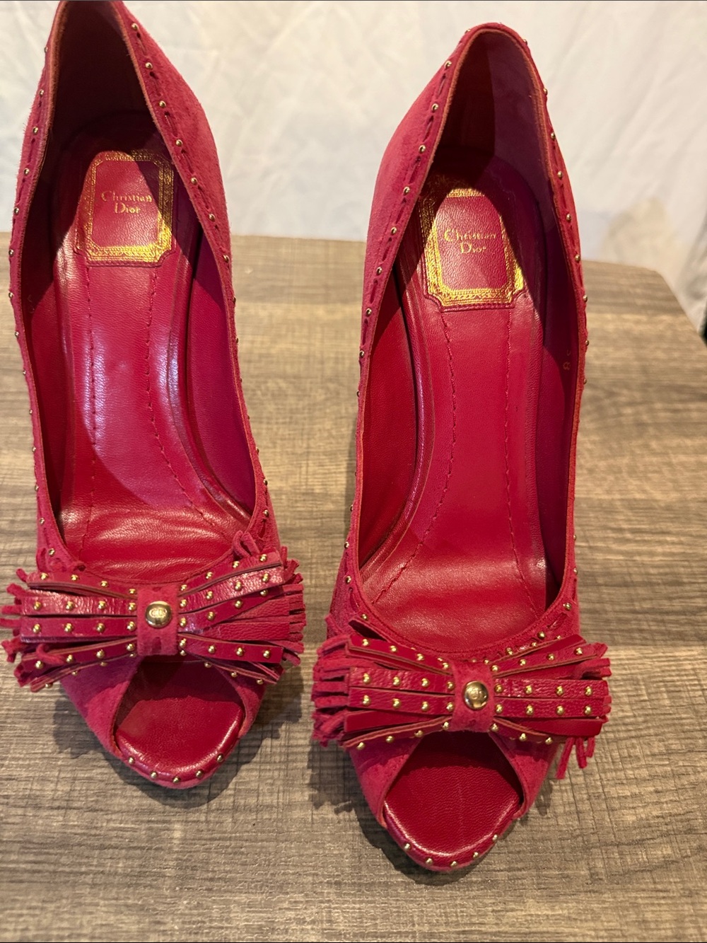 Dior Red Suede Peep-Toe Bow Stud Pumps